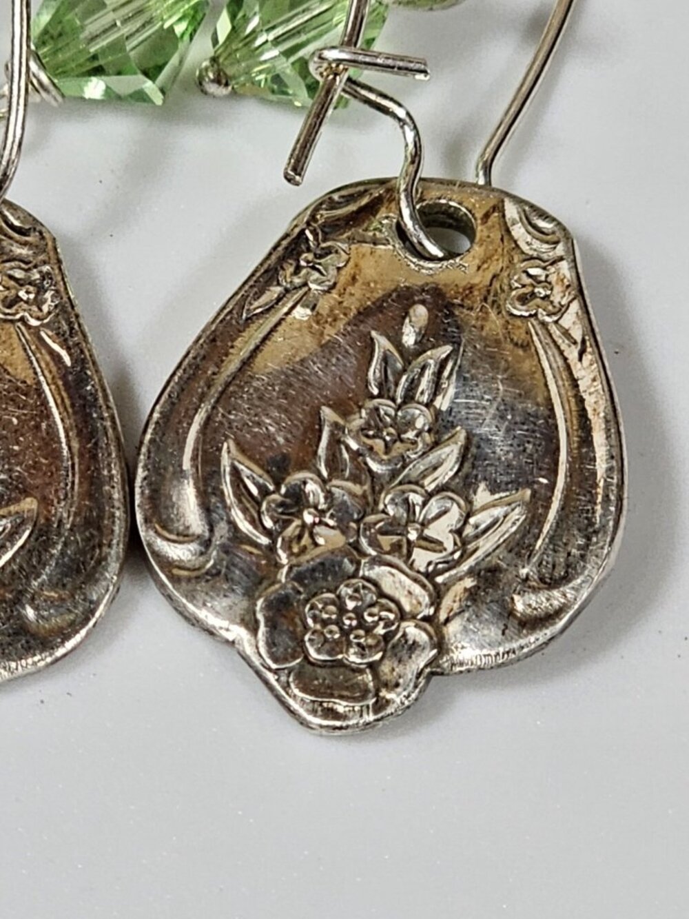 Silver Floral Spoon Handle Earrings with Green Crystal Beads Dangle Drop VTG - Picture 3 of 8